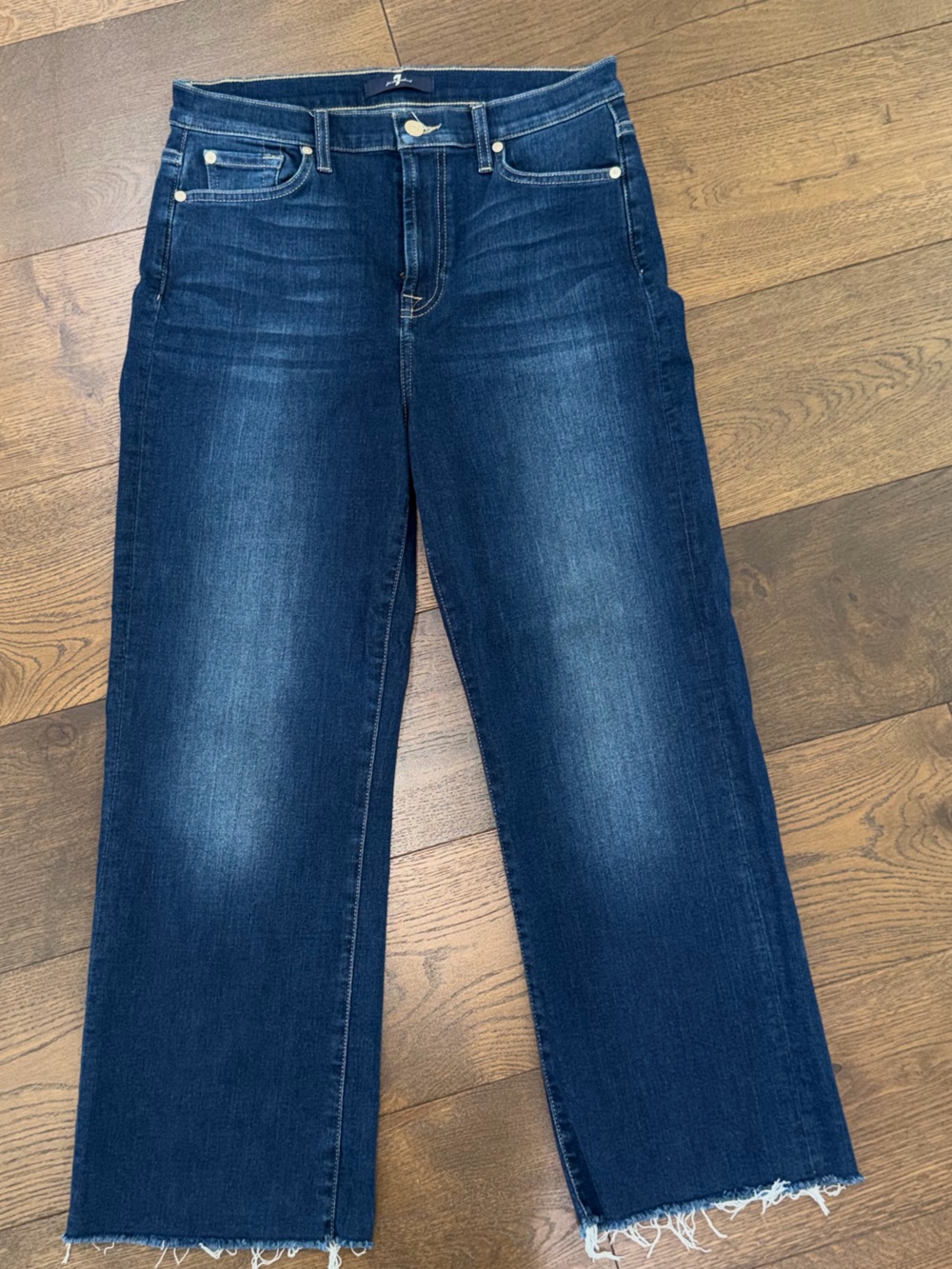 7 For All Mankind Dark Indigo Cropped Jeans with Raw Hem